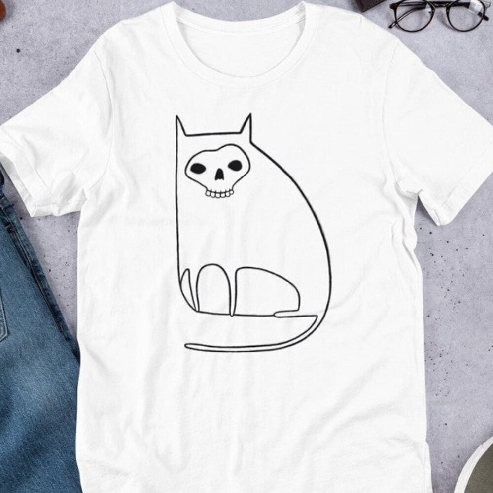 Cat Skull Art Graphic Tee Folk Art Birthday Gifts Whimsican Tee